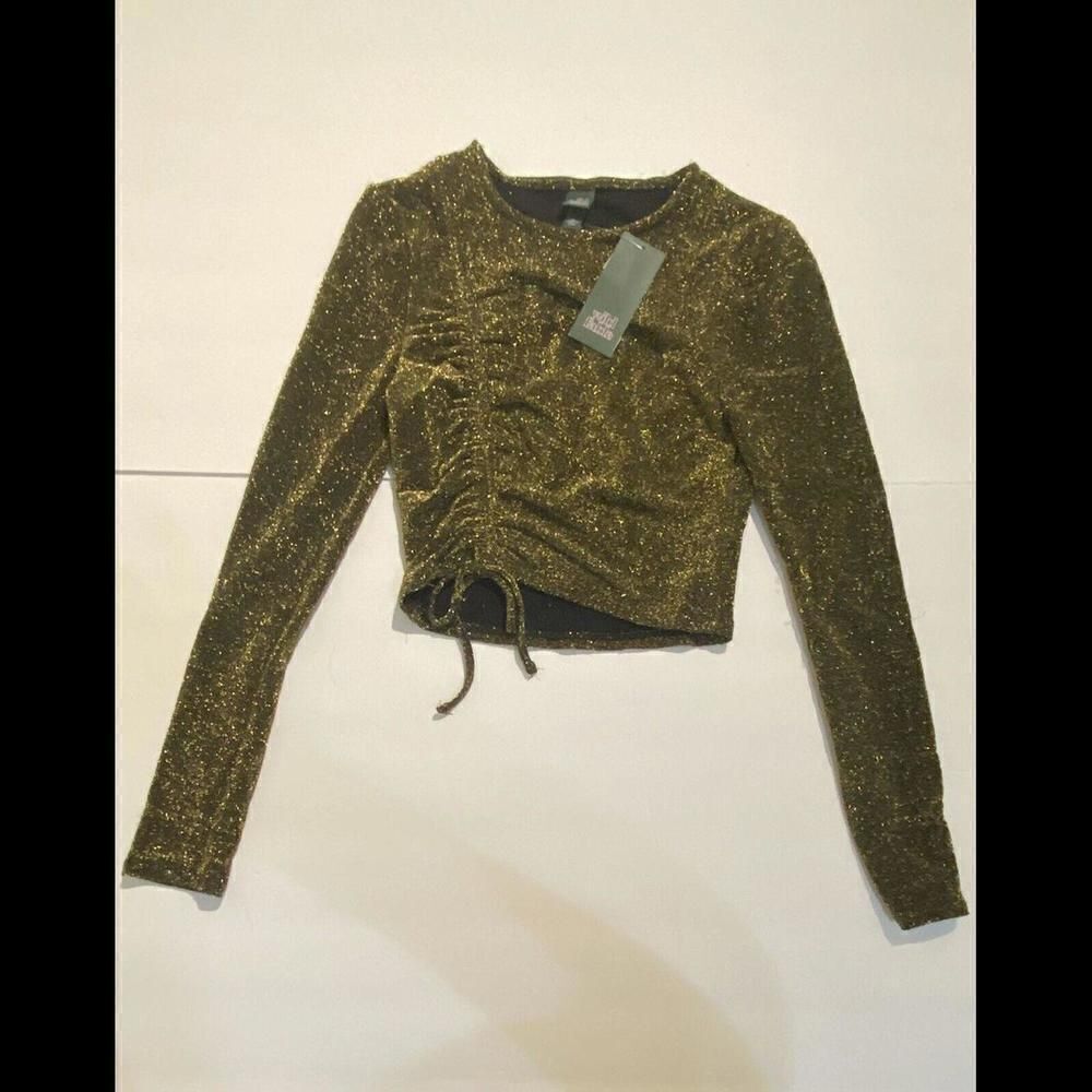 Wild Fable Shirt Womens Extra Small Gold Black Sparkling Long Sleeve Cropped Top